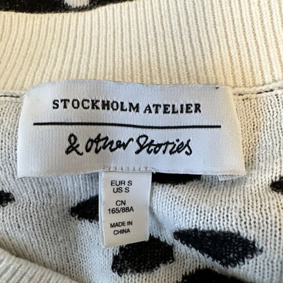 & Other Stories Crew Neck Black Cream Polka Dot Sweater Size S Cotton Modal Silk - Picture 7 of 9